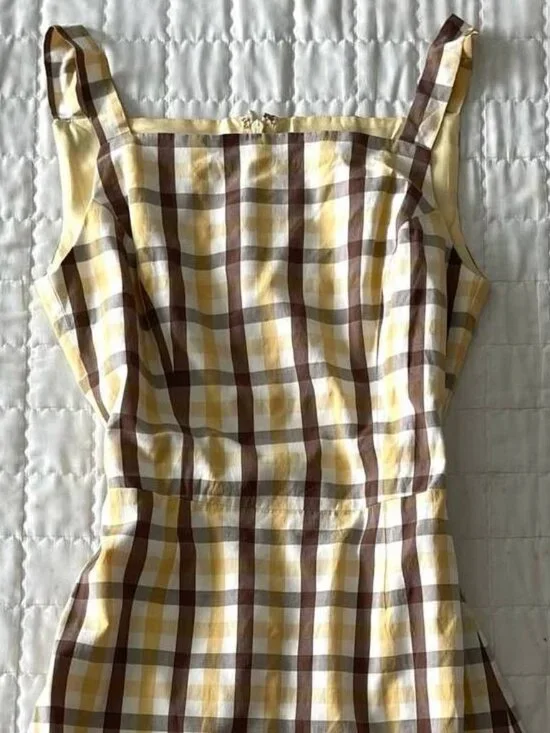 Yellow Brown Plaid Dress Sleeveless A-Line Vintage Style - Picture 3 of 5